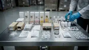 Tavolo di ispezione con flaconi di profumo, astucci, etichette e tappi usati come reperti in un controllo sulla filiera cosmetica