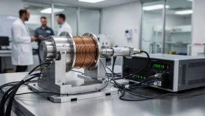 Banco prova industriale con freno ad isteresi magnetica, sensore di coppia e bobina in test