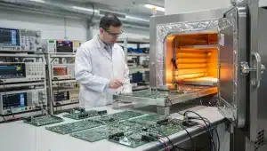 Tecnico controlla schede elettroniche vicino a una camera termica in laboratorio di collaudo